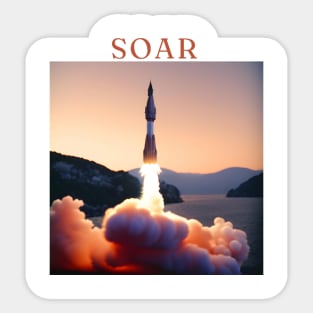 "Solar Soar - Majestic Rocket Launch Tee, Sunset Horizon Design, Vibrant Red, Orange, and White T-shirt, Inspirational 'Soar' Motif, Aesthetic Space Exploration Shirt" Sticker